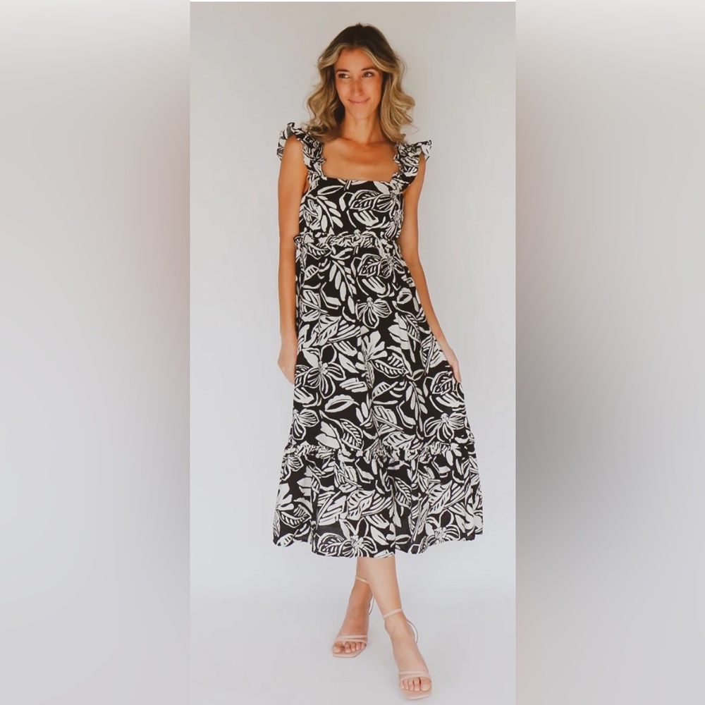 Tropical Ruffle Midi Dress Black